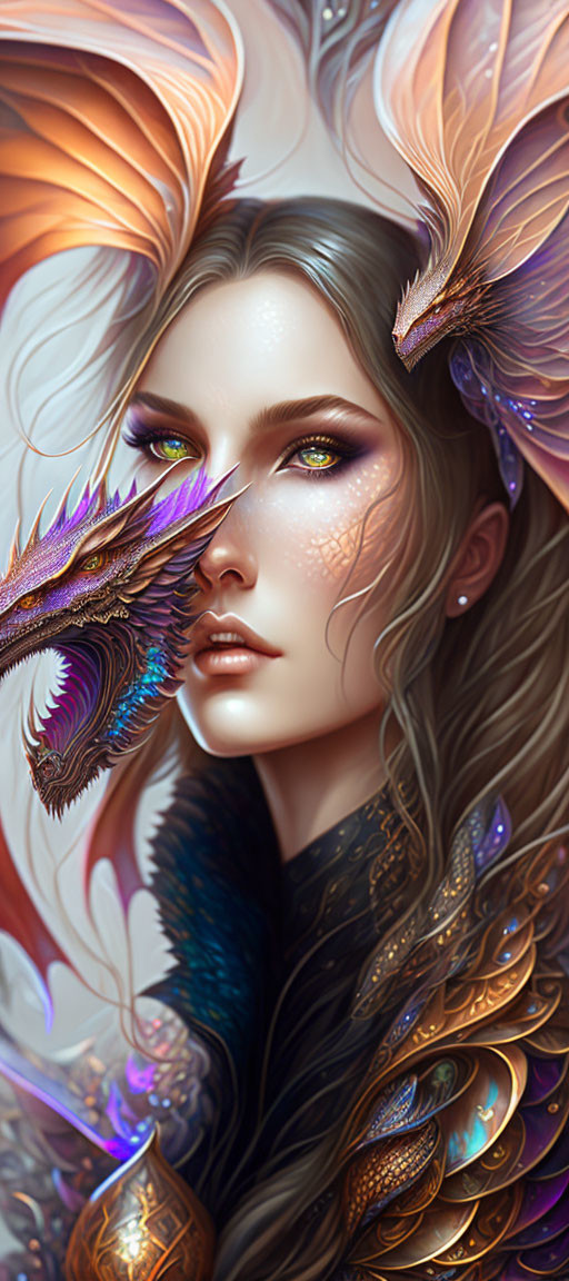 Fantasy-themed woman illustration with small dragon and feather-like details