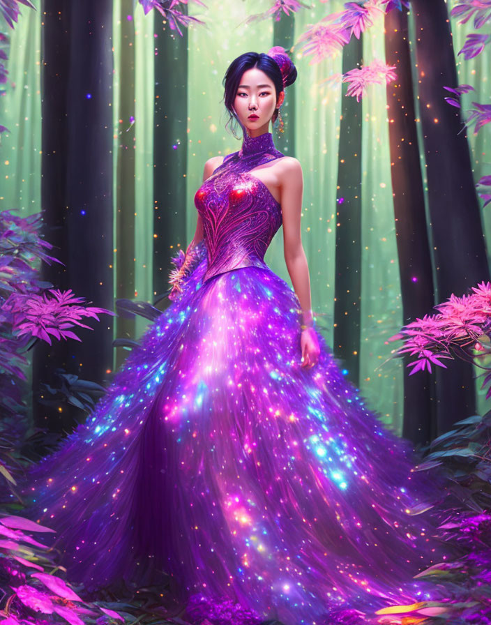 Elegant woman in galaxy-themed gown with peacock feather accents in mystical forest