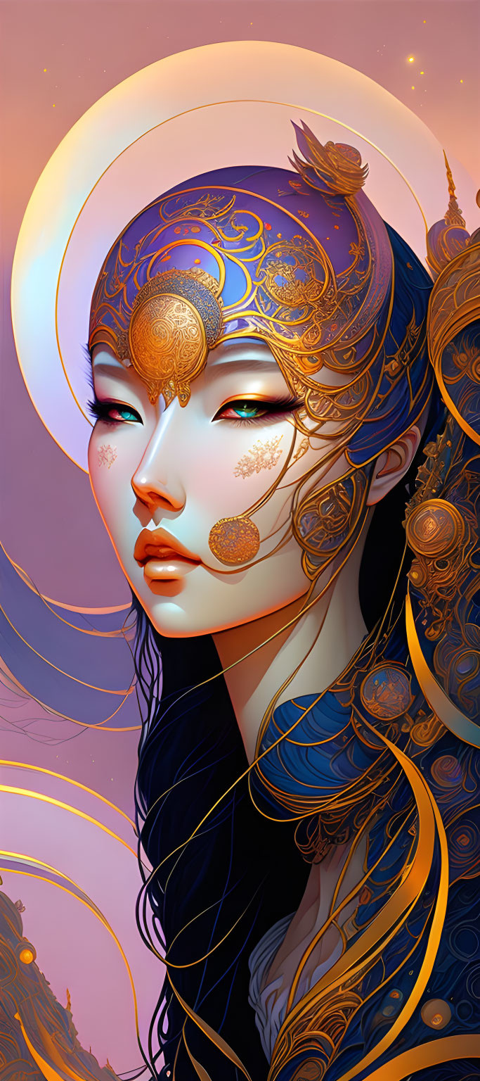 Illustrated portrait of woman with golden headgear and glowing halo against warm background