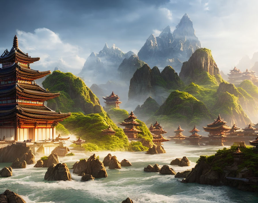 Misty ancient-style pagodas in rugged mountain landscape