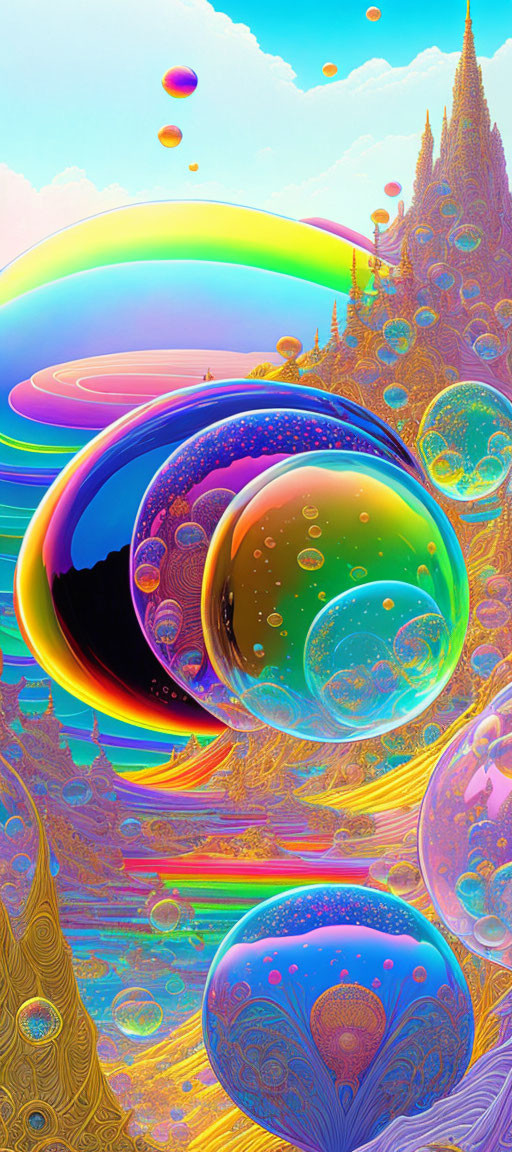 Colorful Psychedelic Artwork: Vibrant Bubbles on Rainbow Background
