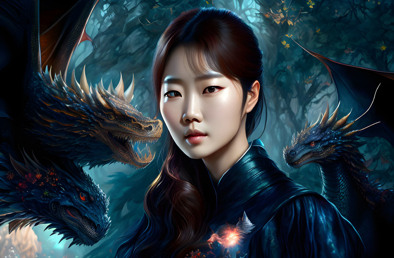 Dark-Haired Woman with Three Blue Dragons in Mystical Forest