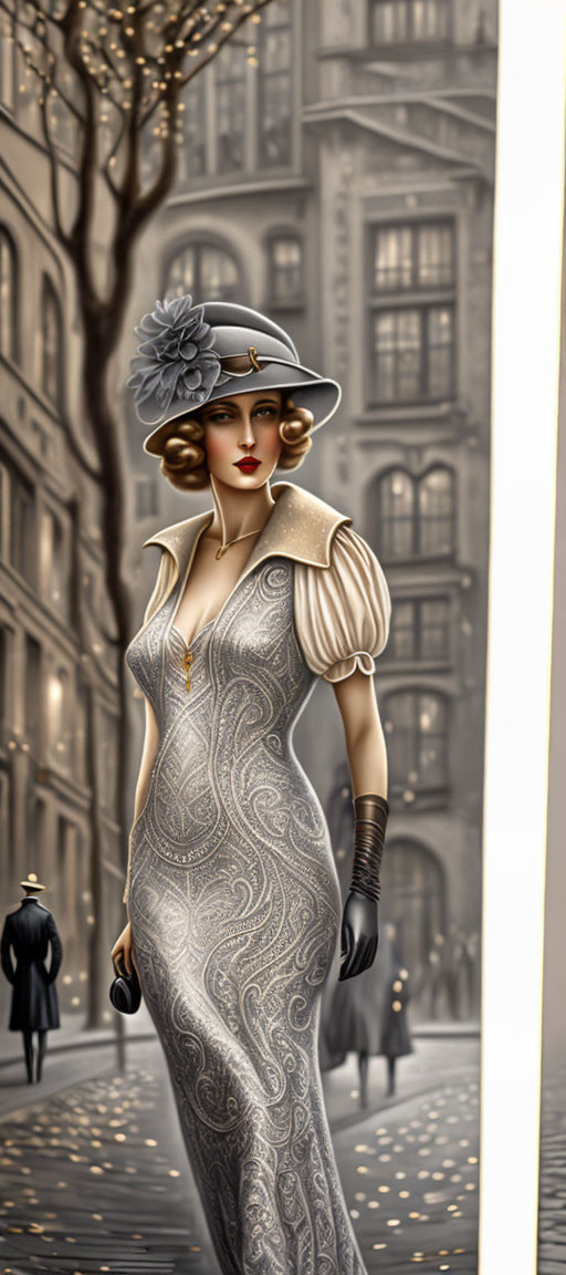 Vintage-style illustration of woman in elegant dress walking on city street.