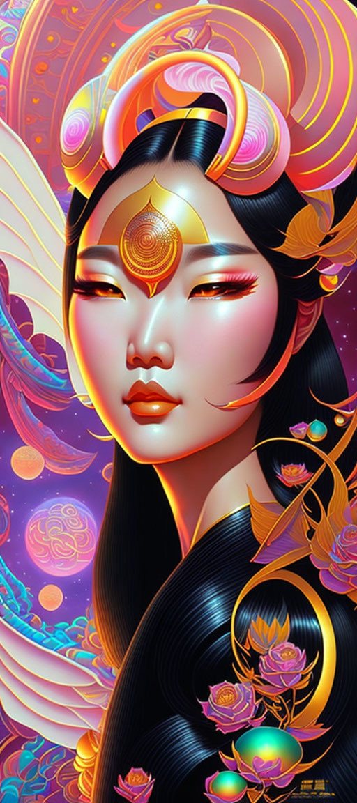 Stylized digital artwork: Woman with black hair, gold accents, cosmic background.