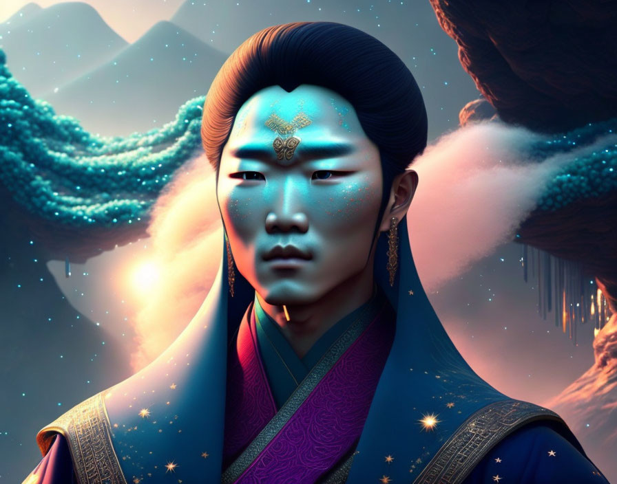 Digital artwork: Person with glowing blue skin in traditional attire against mystical backdrop with floating islands and starry