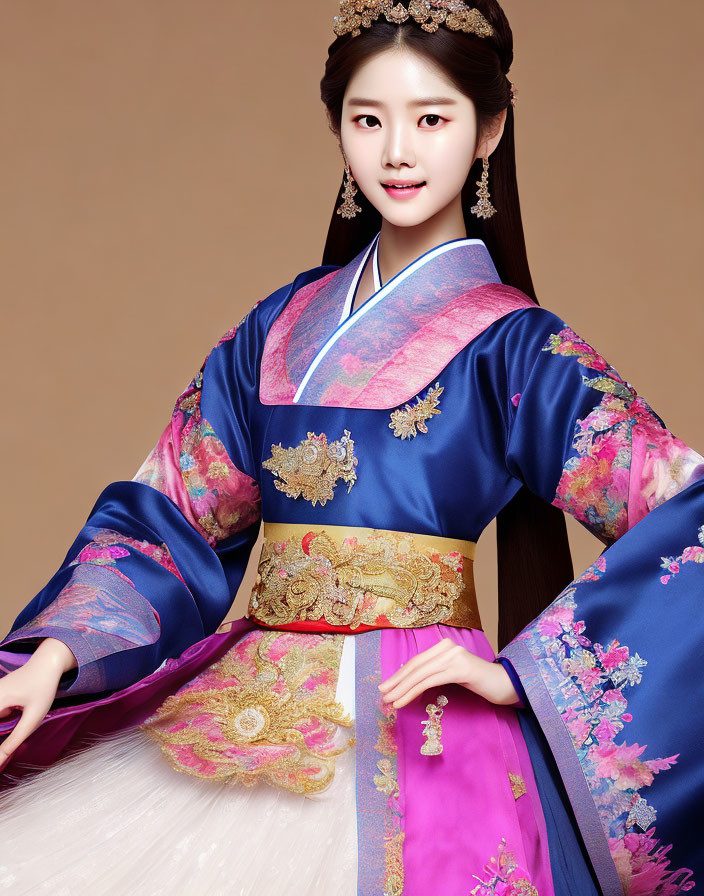 Traditional Korean hanbok with intricate embroidery and vibrant colors on a woman, set against warm-toned