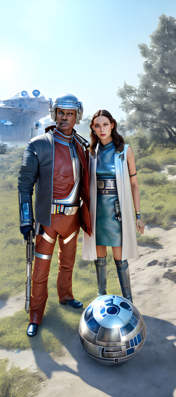 Futuristic male and female characters with blue and white astromech droid in nature setting