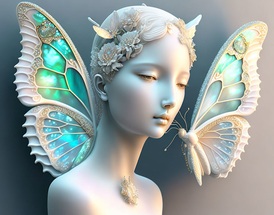 Digital artwork: Serene female figure with intricate butterfly wings and jeweled diadem.