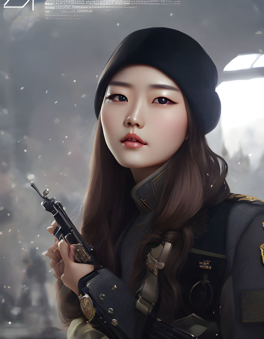 Digital artwork of woman in military uniform with rifle in snowfall