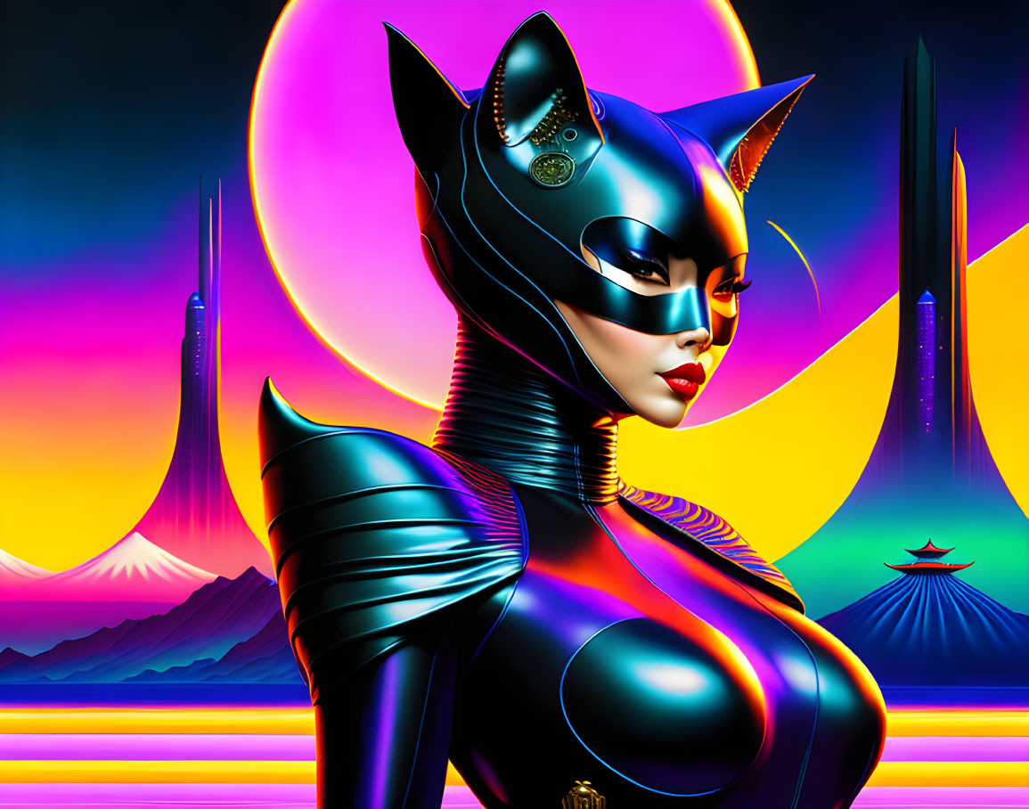 Stylized female superhero in black costume with cat ears in neon-lit cityscape