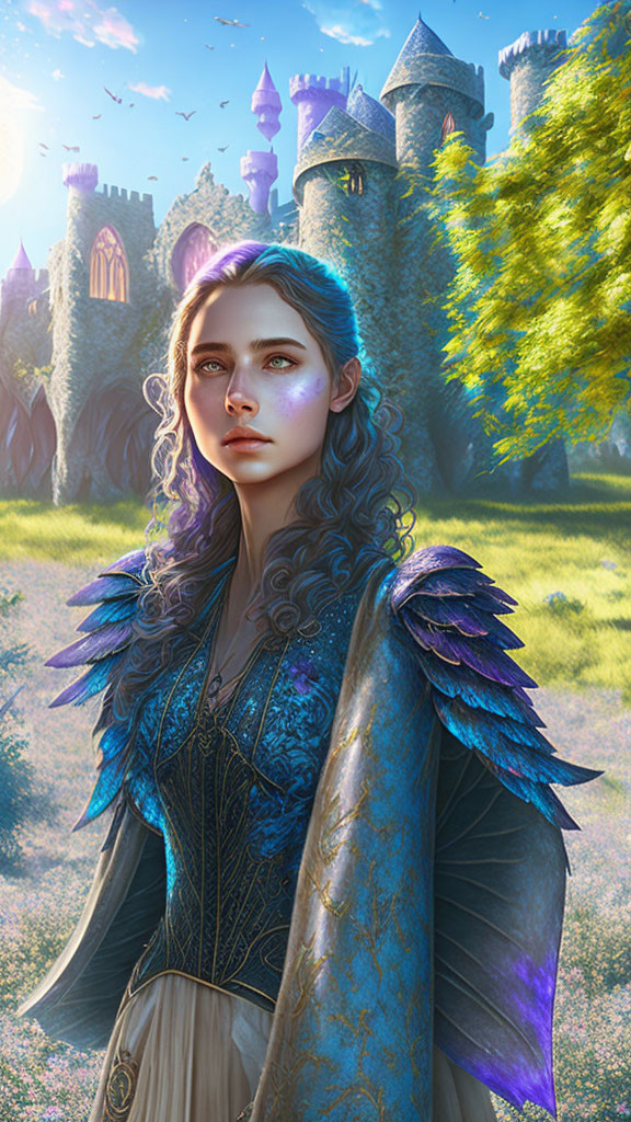 Digital artwork: Woman in medieval attire with blue feathered shoulders in sunlit field near fantasy castle