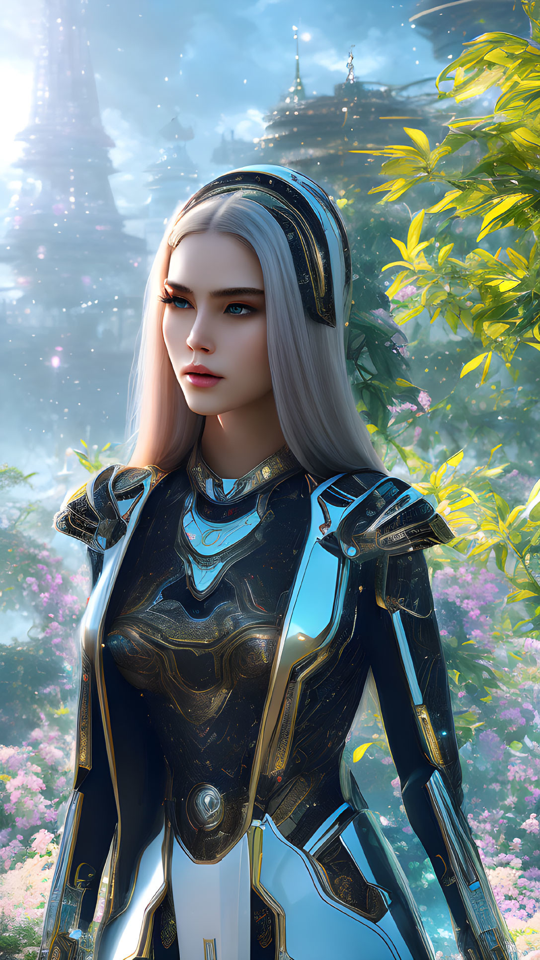 Futuristic female character in silver hair and blue-gold armor in magical garden