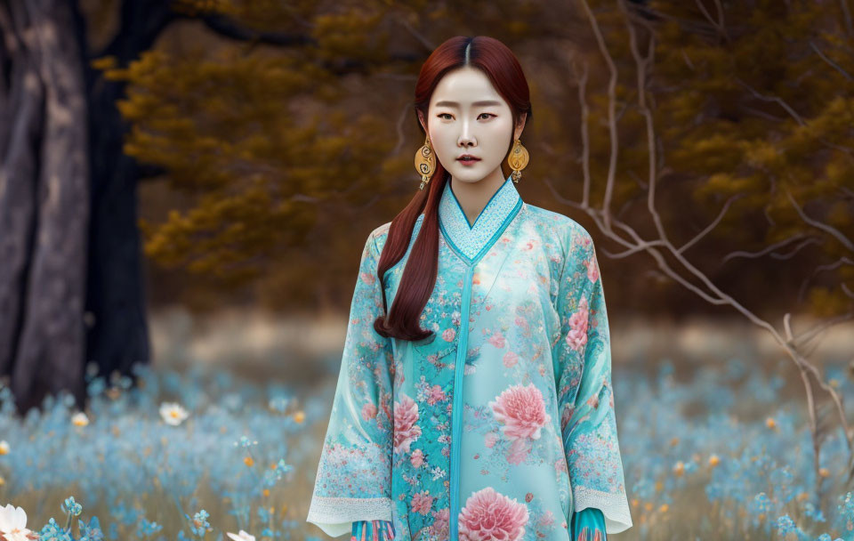 Traditional Korean hanbok worn by woman in serene surreal landscape