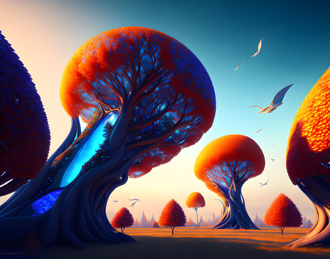 Colorful digital artwork of oversized trees in an otherworldly landscape