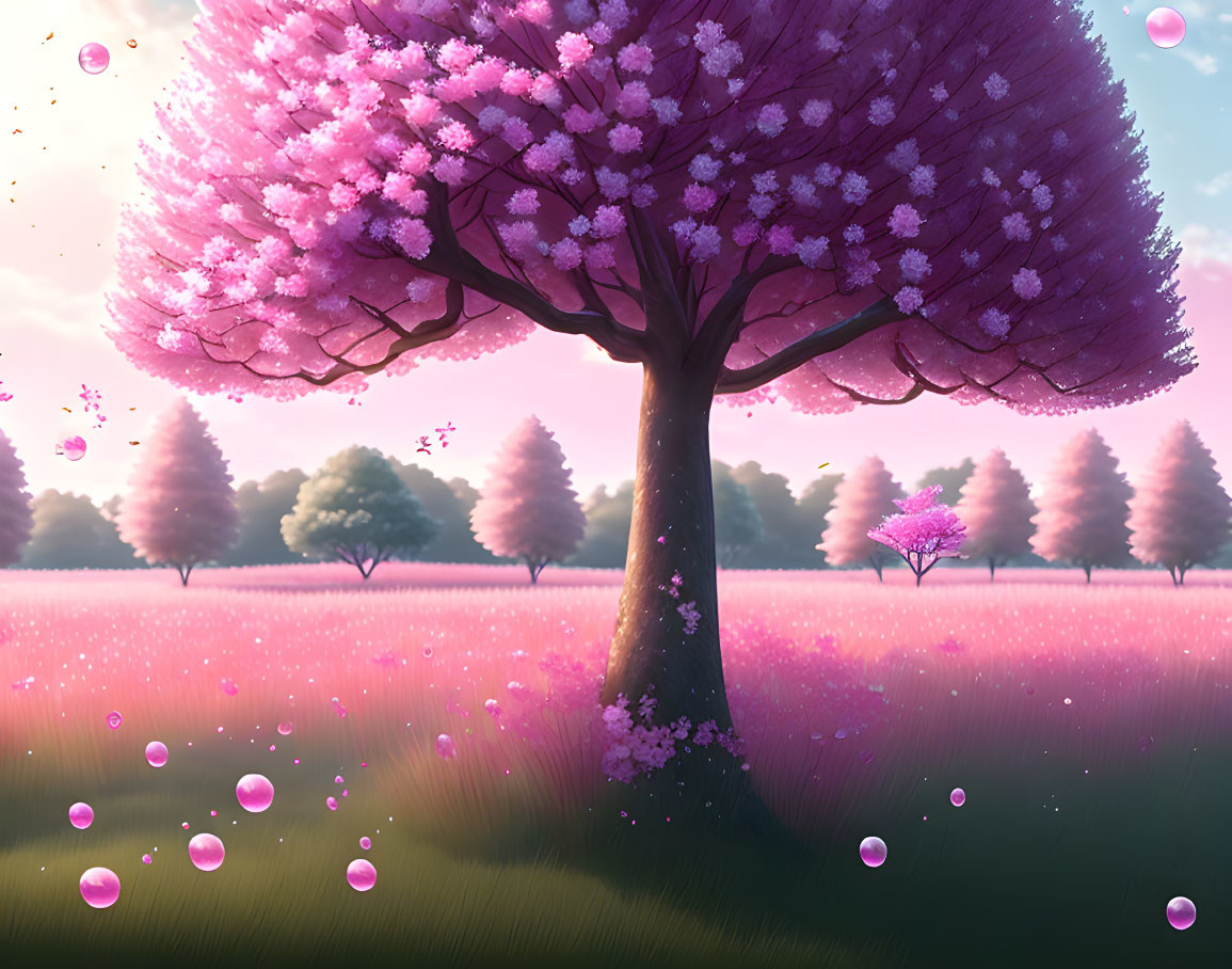 Tranquil Cherry Blossom Tree in Vibrant Pink Landscape