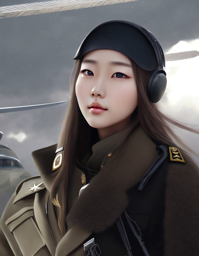 Illustrated female character in military-style attire with headphones against aircraft backdrop