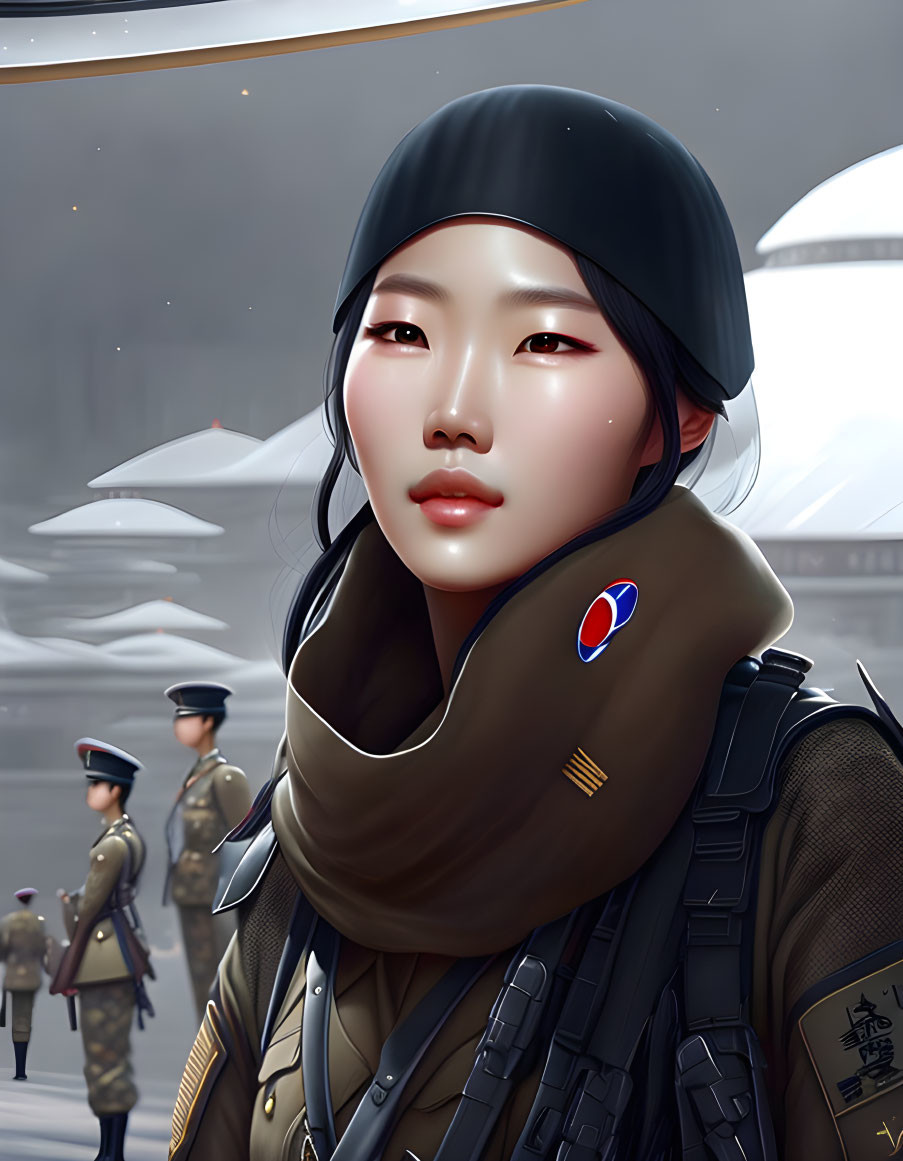 Digital artwork of female soldier with black beret and South Korean flag patch, surrounded by blurred soldiers and
