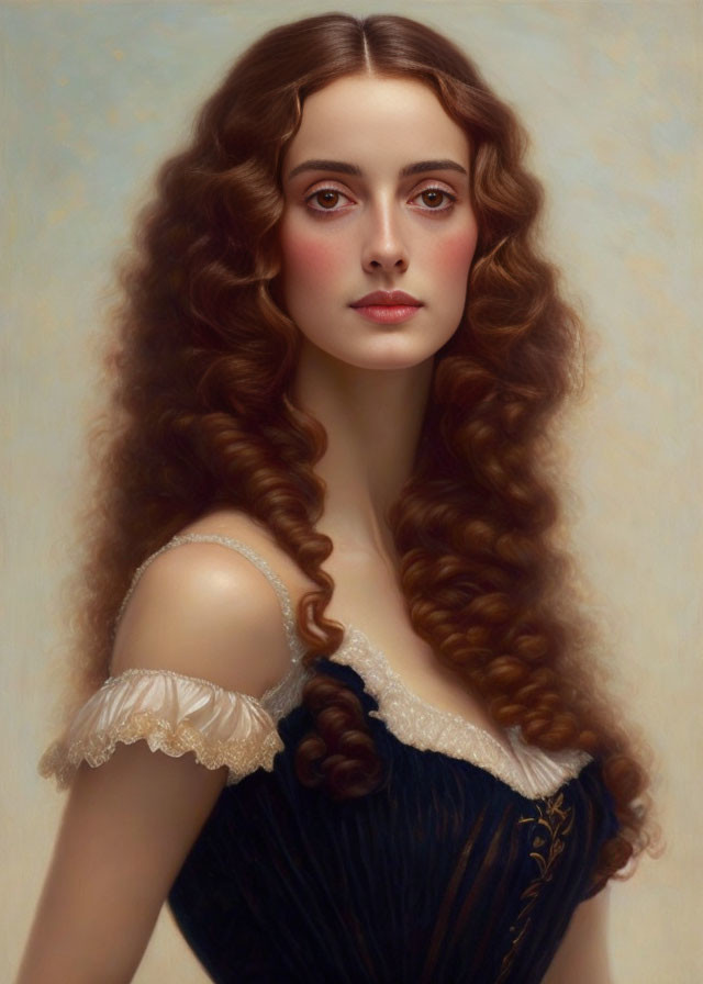 Portrait of Woman with Long Curly Brown Hair and Navy Dress