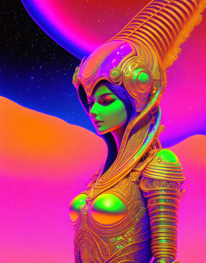 Digital artwork: Female figure in futuristic armor, neon desert & cosmic sky.