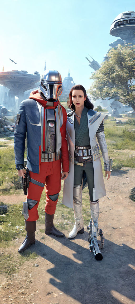 Star Wars characters in full armor and battle attire on planet with spaceships