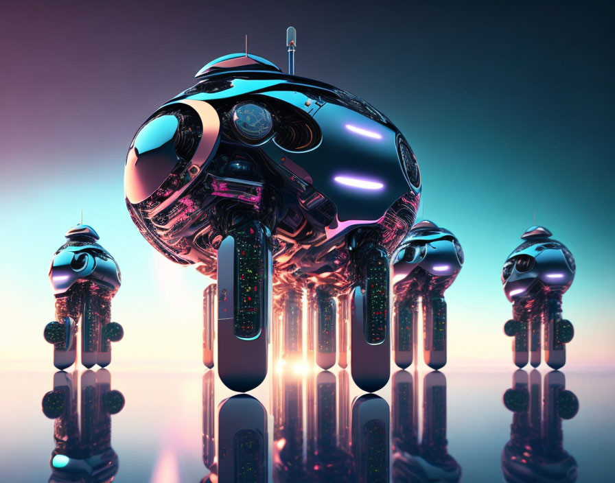 Shiny Chrome Spheres with Antenna and Lights on Reflective Surface