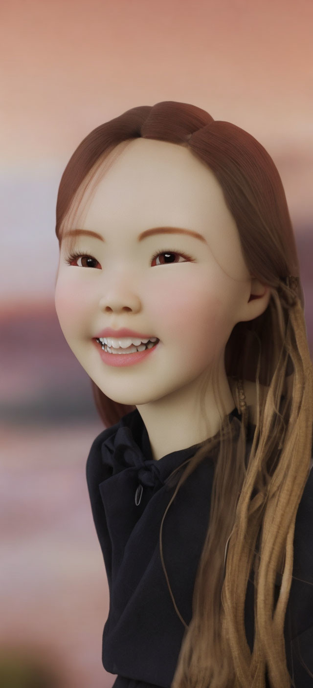 3D-rendered image of a smiling girl with braided hair and braces in dark hoodie