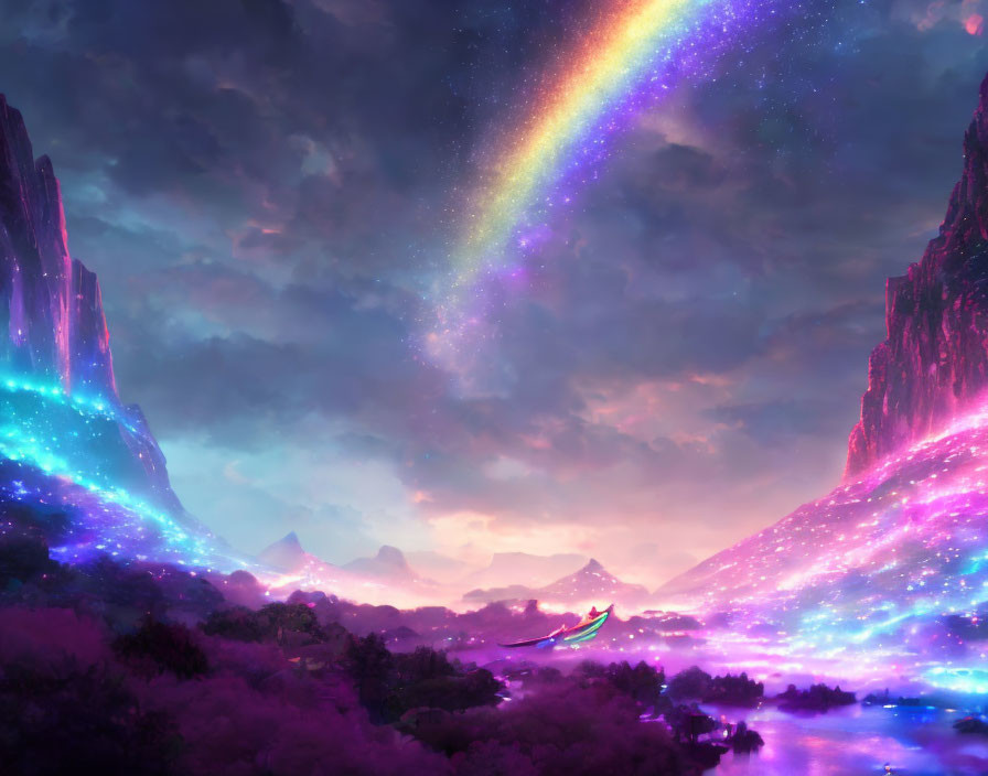 Colorful fantasy landscape with glowing rainbow, luminous river, illuminated mountains, and starry sky