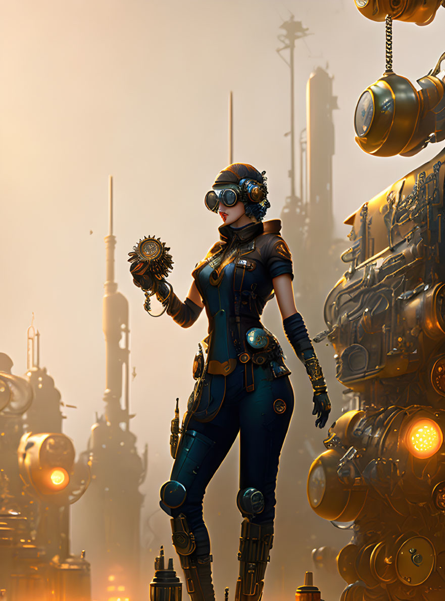 Steampunk-style woman with goggles and cogwheel in industrial setting