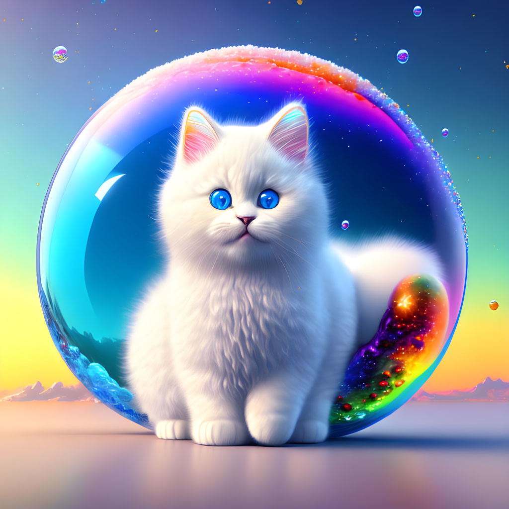 White Cat with Blue Eyes in Front of Colorful Soap Bubble and Sunset