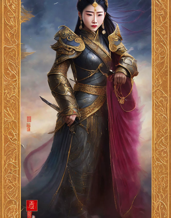 Warrior woman digital art: ornate golden-black armor, flowing dark robes, sword, regal