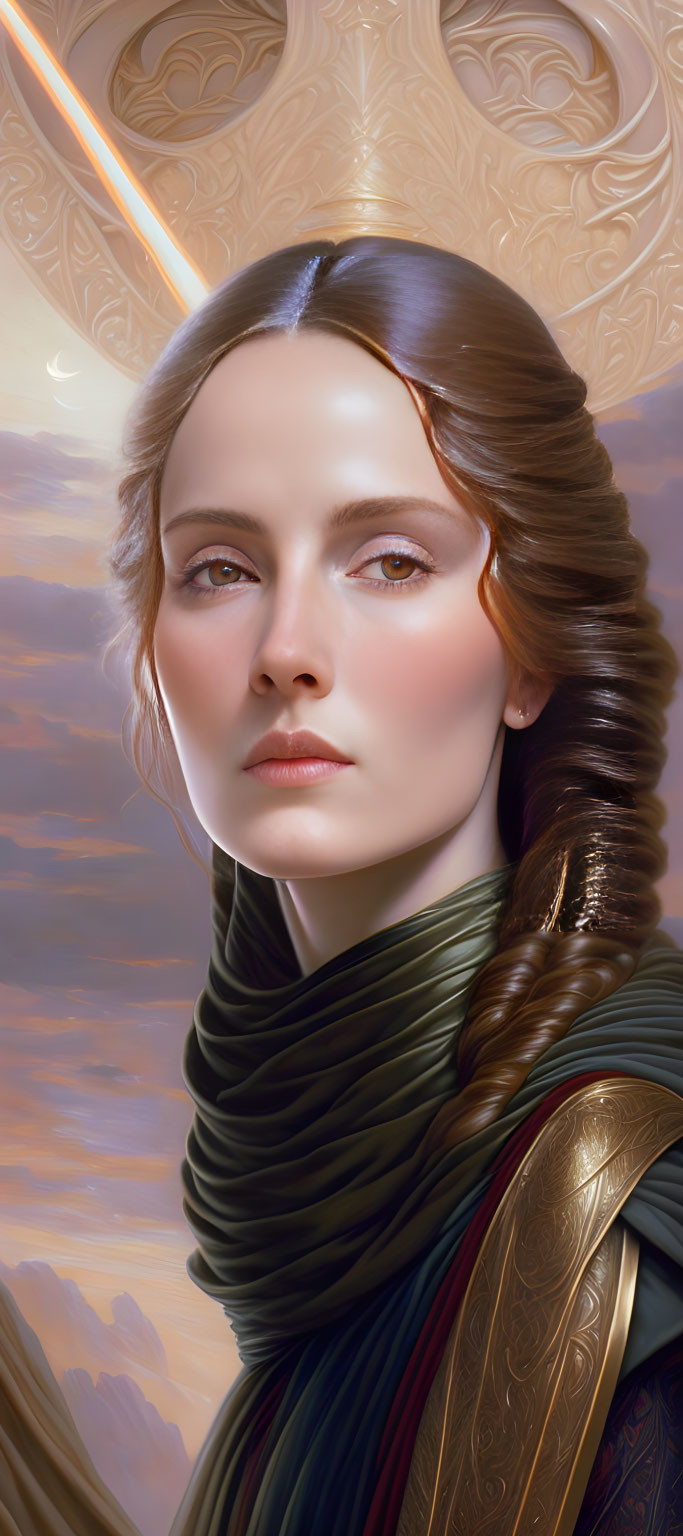 Digital art portrait of woman with glowing halo, braided hair, green scarf, ornate armor,