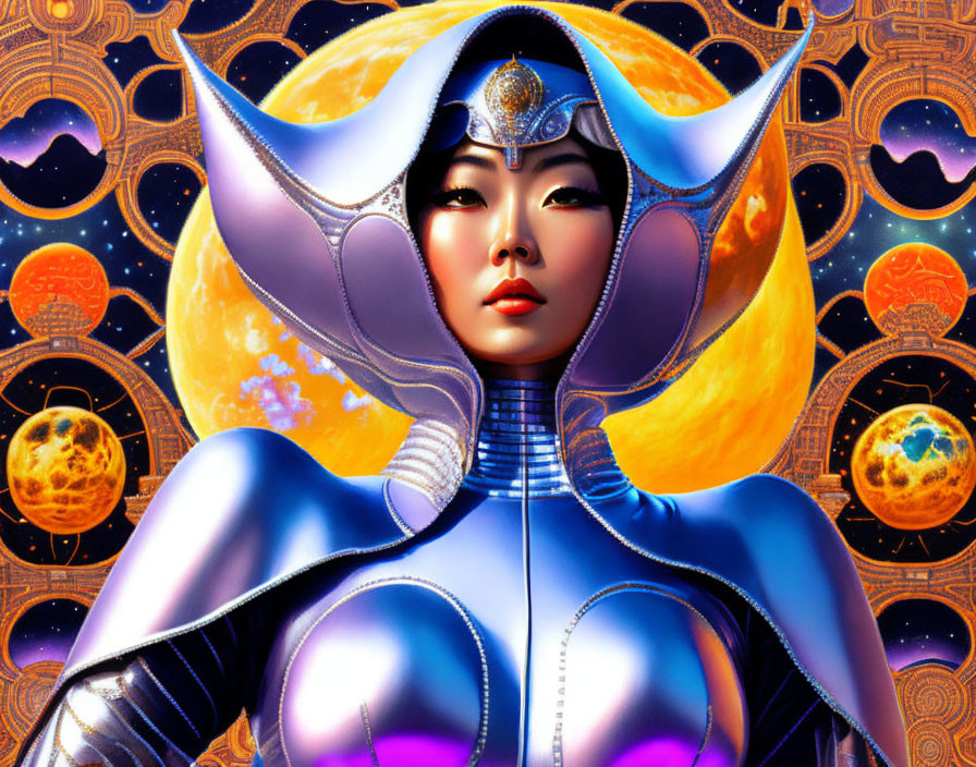 Stylized illustration of Asian woman in futuristic attire amidst cosmic backdrop