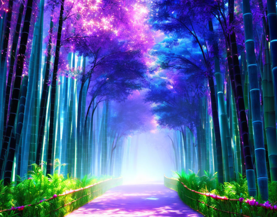 Fantasy bamboo forest pathway with purple and blue hues illuminated by mystical light
