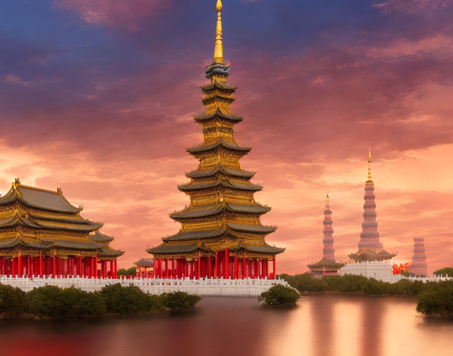 Asian Pagodas and Temples at Sunset by a Calm Lake