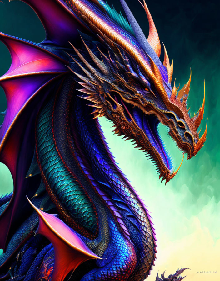 Colorful Dragon with Detailed Scales, Horns, and Wings on Contrasting Background
