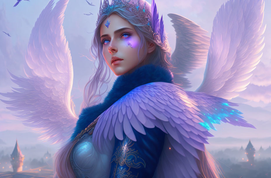 Illustration of angelic figure with white wings and crown in twilight setting