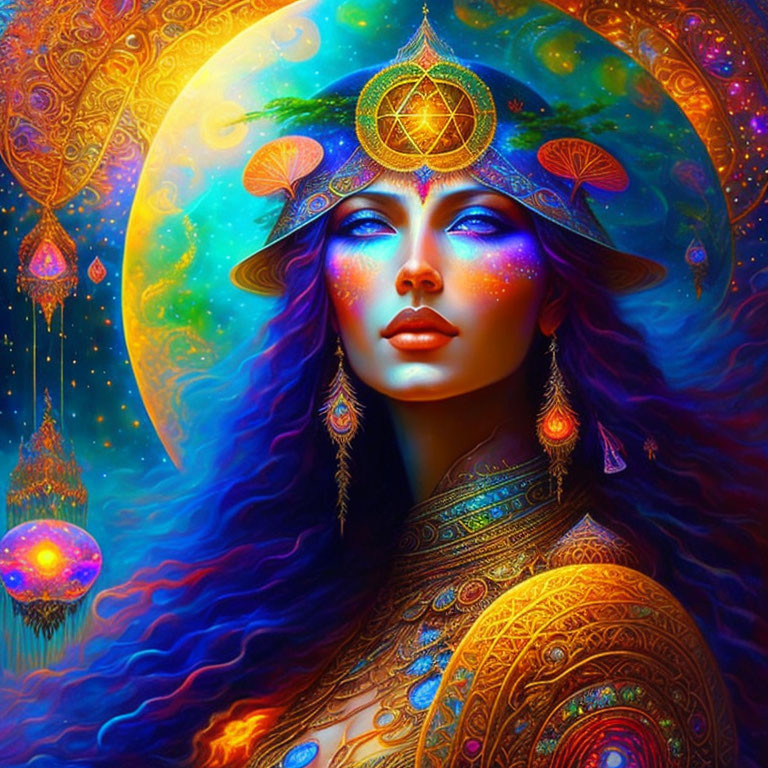 Illustration of woman with blue skin and golden headwear in cosmic setting