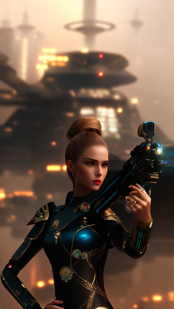 Futuristic female warrior in intricate suit with weapon in misty sci-fi setting