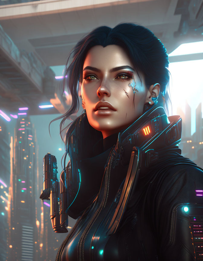 Dark-haired woman with cybernetic enhancements in futuristic cityscape