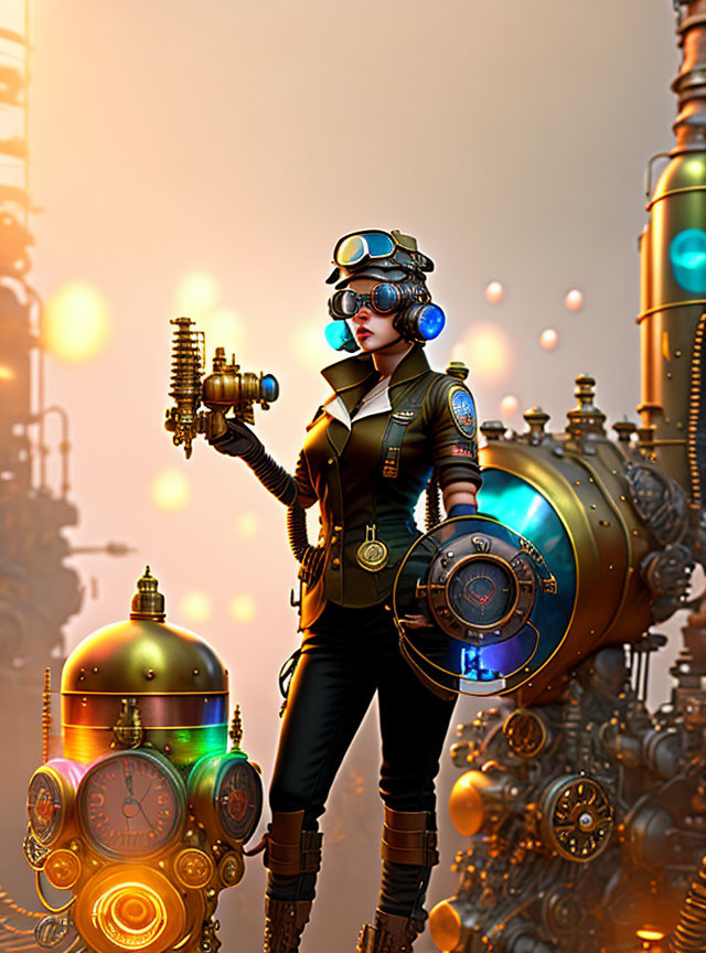 Steampunk-themed artwork with woman, futuristic blaster, machinery, and orbs at dusk