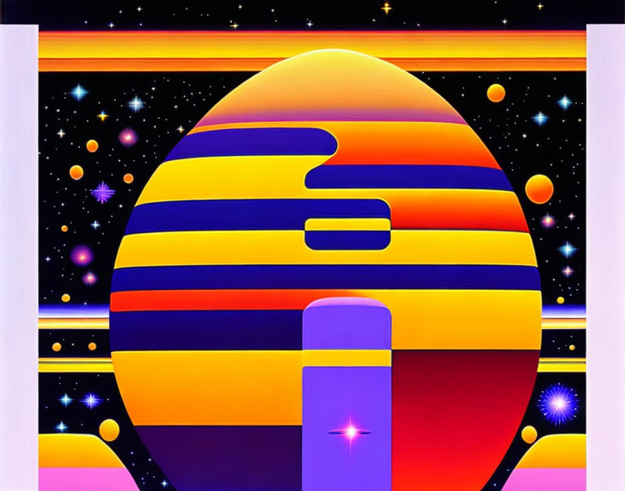 Colorful retro-futuristic sunset scene with grid overlay on starry space background