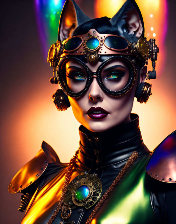 Steampunk-inspired cat costume with goggles and metallic adornments