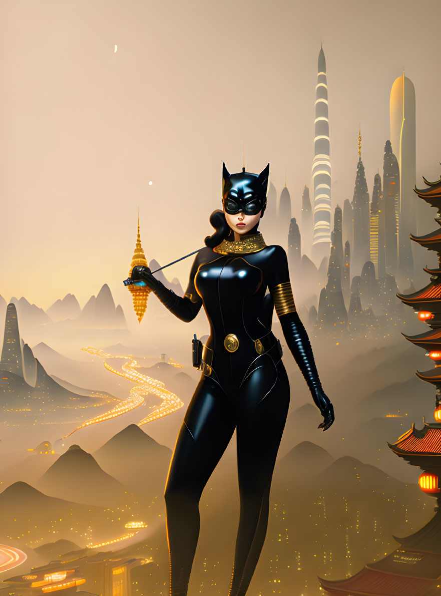 Stylized illustration of woman in cat-themed costume against futuristic cityscape