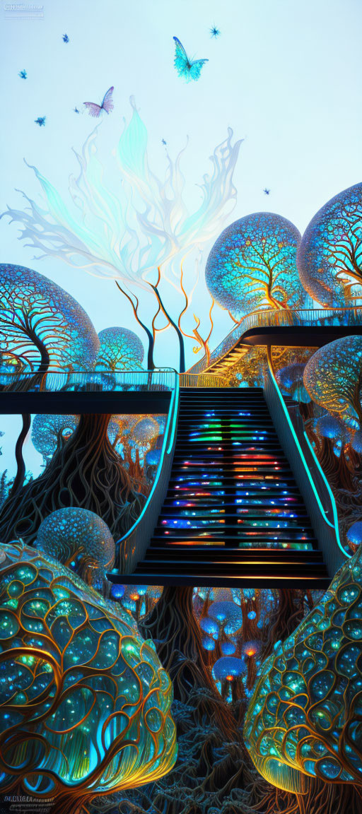 Glowing tree-like structures, neon-lit staircase, and ethereal butterflies in cool-toned