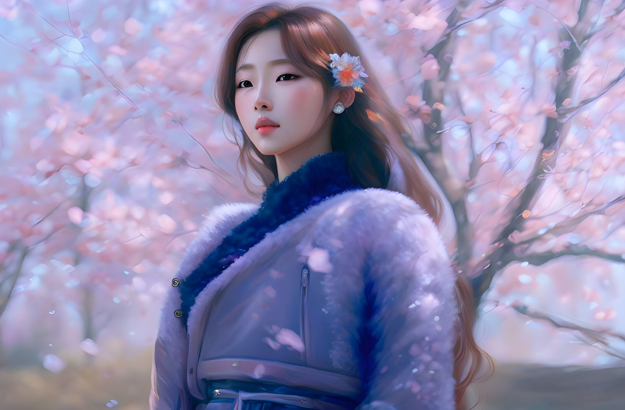 Digital Artwork: Woman with Flower in Hair, Blue Fur Coat, Surrounded by Pink Cherry Bloss