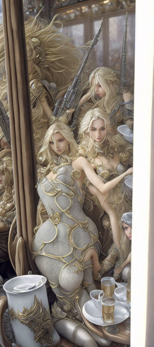 Ethereal warrior women in golden armor and lances in ornate hall