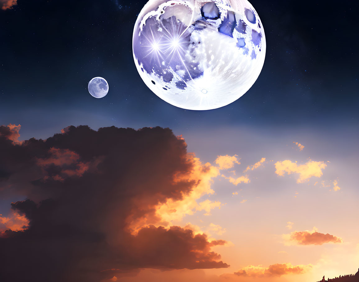 Detailed surreal digital art: large moon, smaller moon, dusk sky with clouds