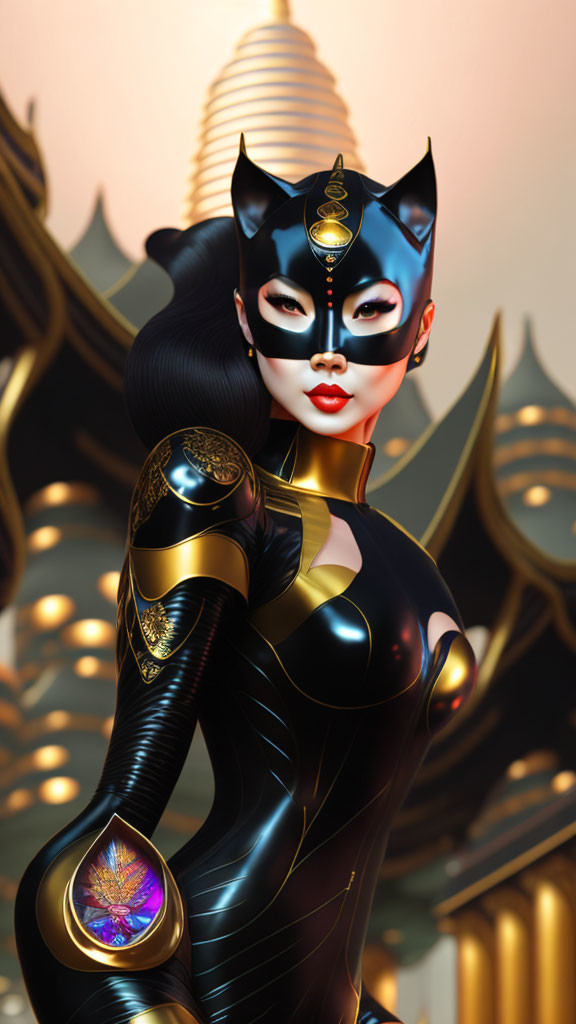 Stylized female character in black and gold costume with cat-like features