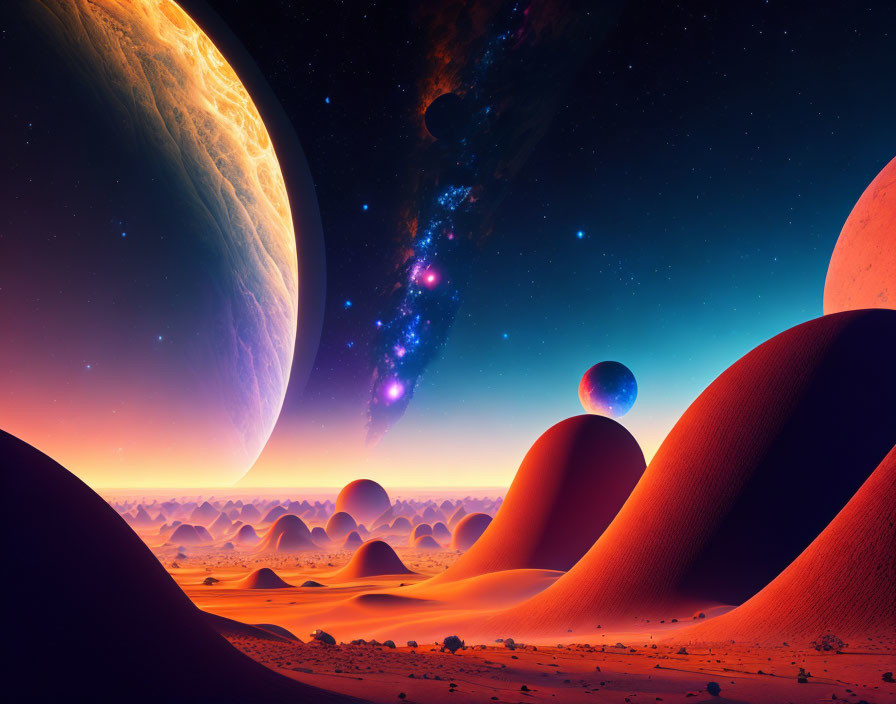 Vibrant space scene with large planet, dunes, stars, and celestial bodies in orange and