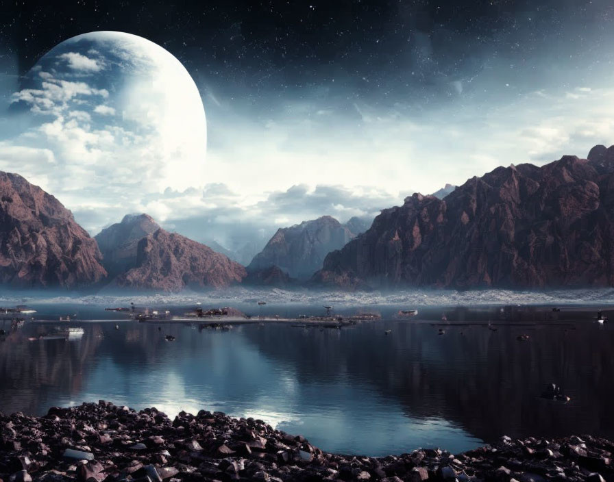 Starry sky over serene lakescape with mountains and oversized moon